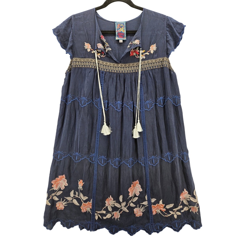 Johnny Was Navy Blue Embroidered Floral Boho Tassel Tiered Dress Unlined M